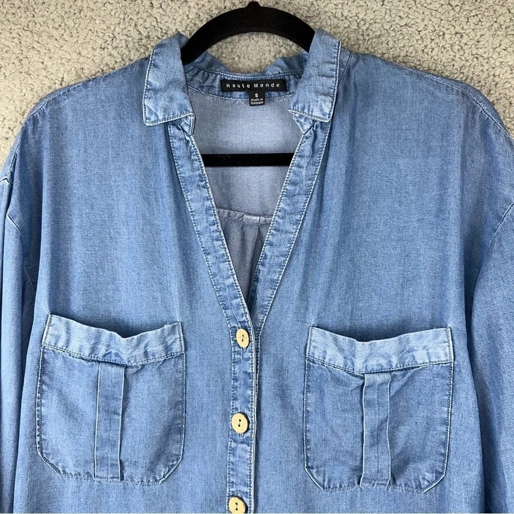 Haute Monde Top Womens Small Blue Chambray Collared Relaxed Fit Shirt Feminine